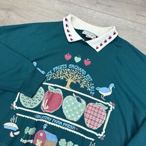 VTG Apple Orchard Teal Blue L/S Polo Pullover Women's Sz XL USA VTG FAIR STAINS